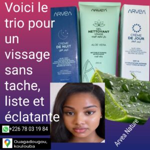 Trois produits arvea nature pour un visage sans tache, liste, et naturelle