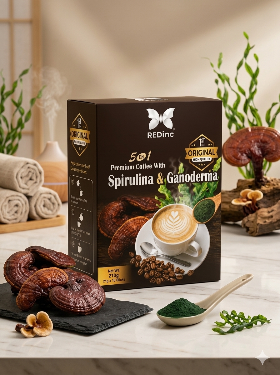 Café premium DÉCAFÉINÉ à base de ganoderma et de spiruline